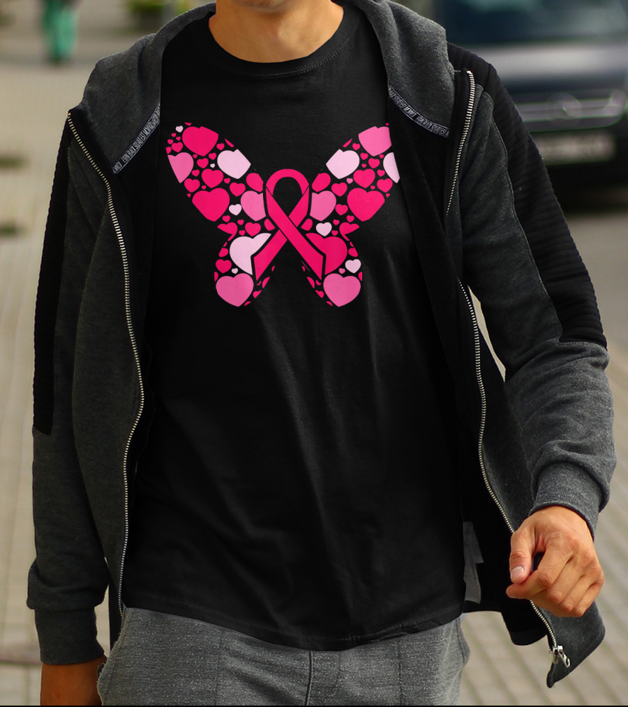 Pink Ribbon Hearts Butterfly Breast Cancer Awareness T-Shirt