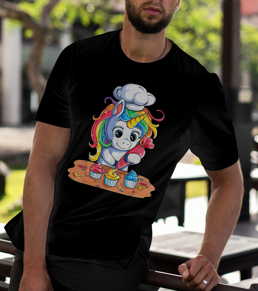 Unicorn Rainbow Chef Decorating Cupcakes Girls Magic T-Shirt