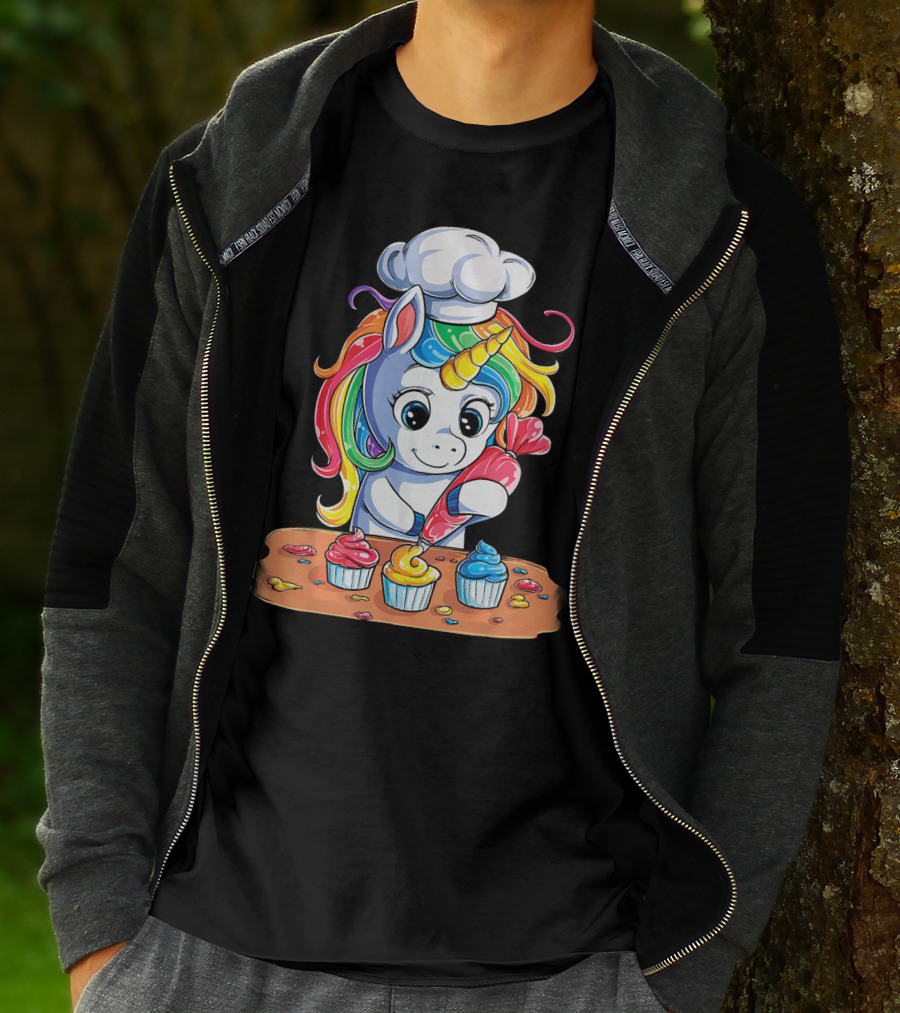 Unicorn Rainbow Chef Decorating Cupcakes Girls Magic T-Shirt