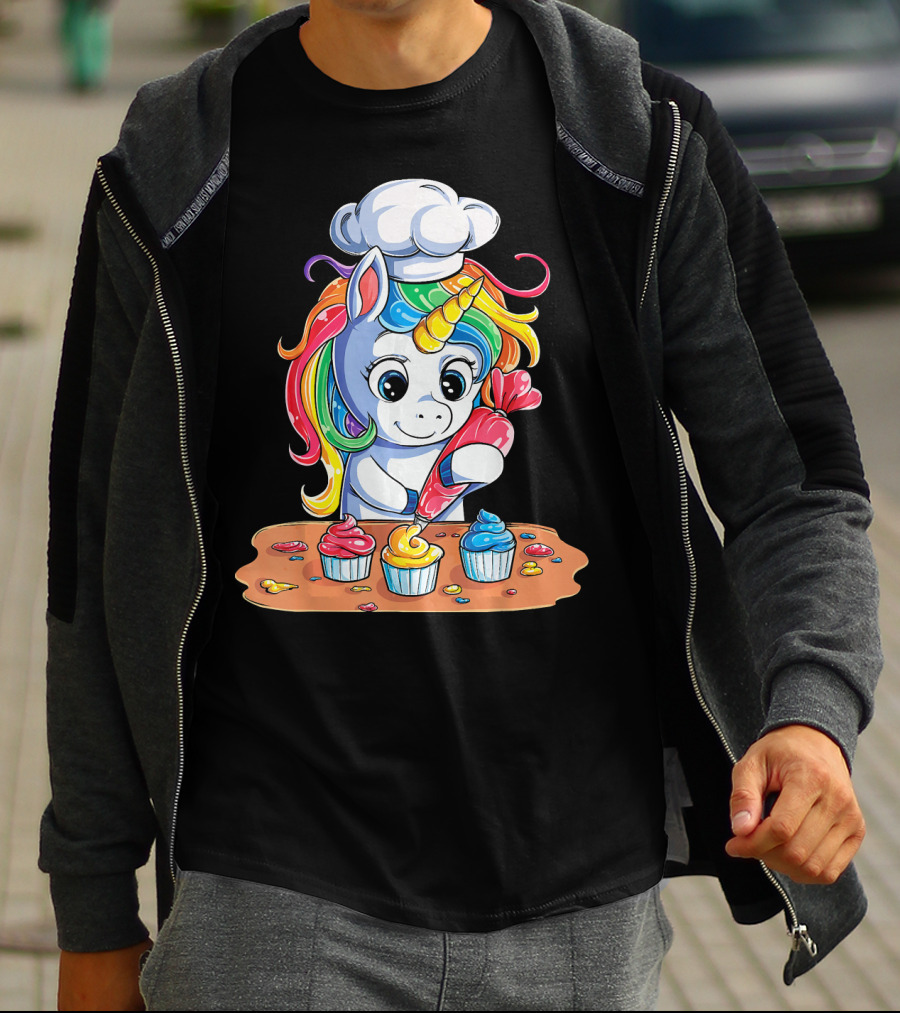 Unicorn Rainbow Chef Decorating Cupcakes Girls Magic T-Shirt