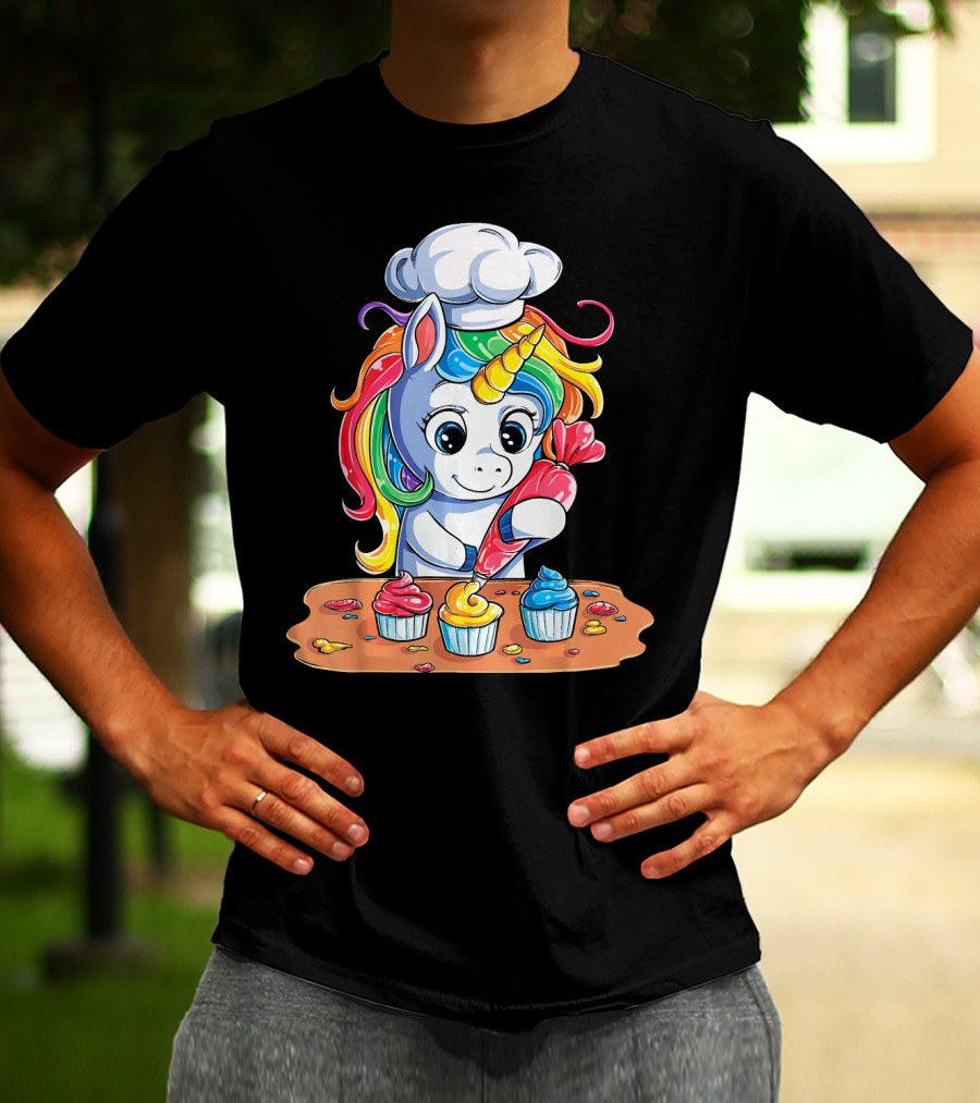 Unicorn Rainbow Chef Decorating Cupcakes Girls Magic T-Shirt