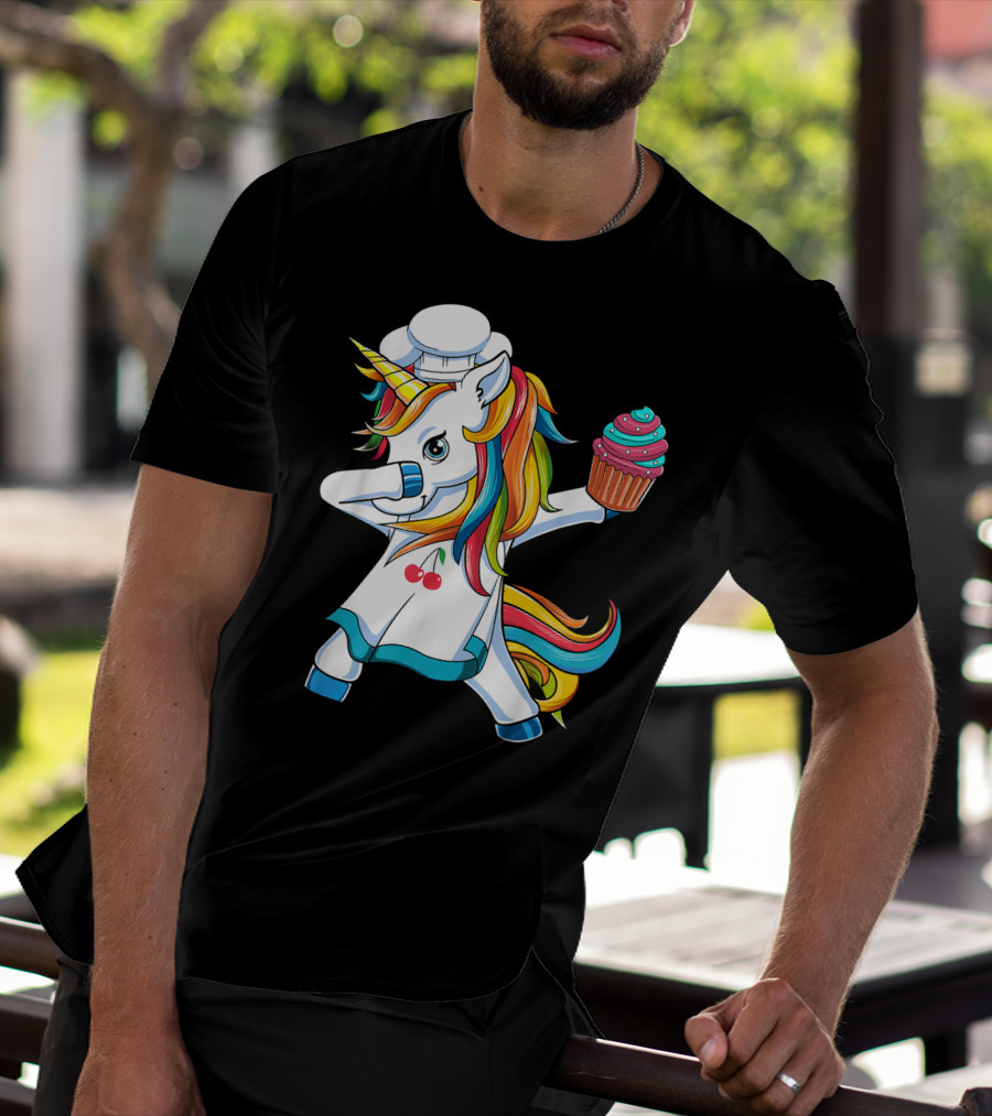 Dabbing Unicorn Rainbow Chef With Cupcake T-Shirt