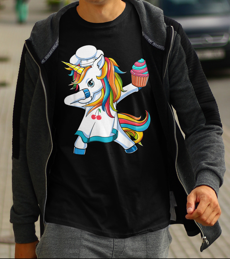 Dabbing Unicorn Rainbow Chef With Cupcake T-Shirt
