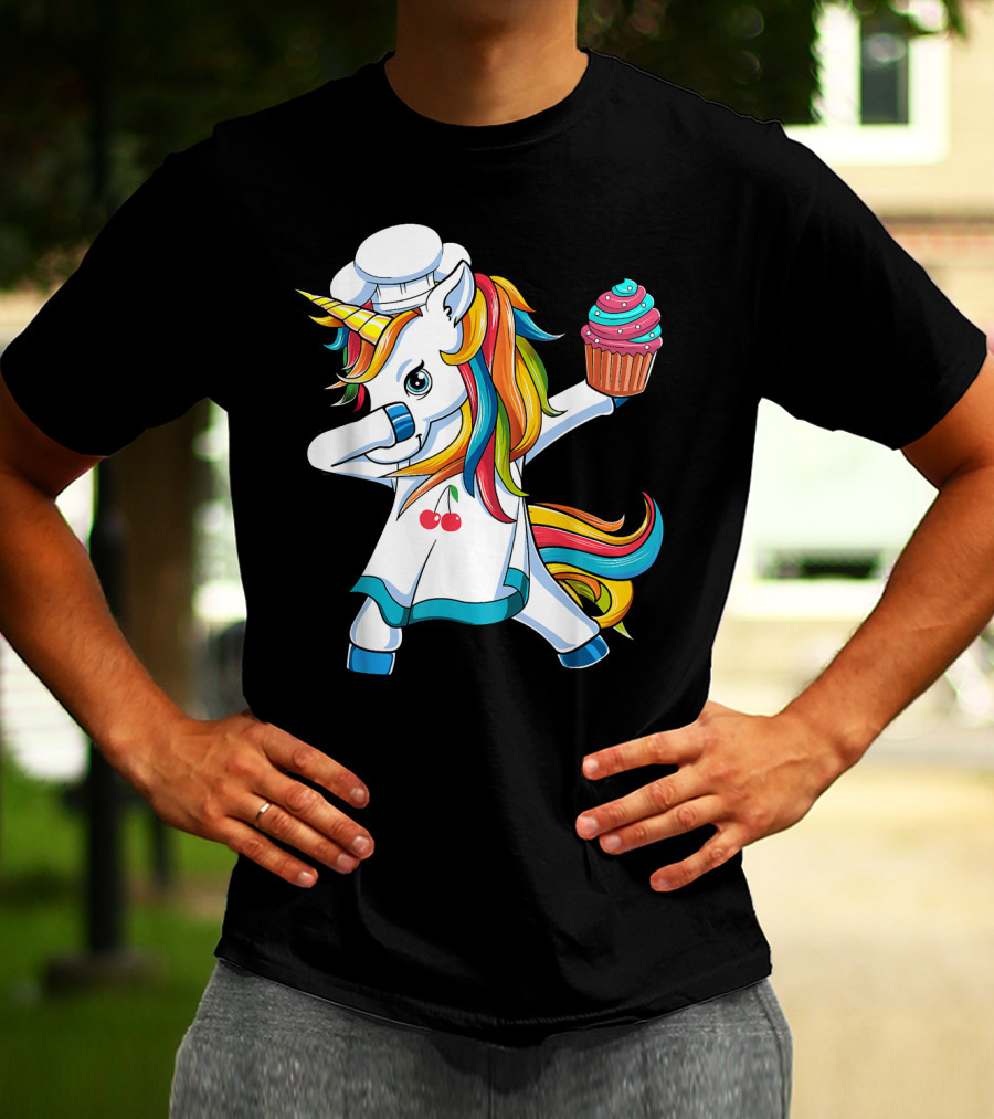 Dabbing Unicorn Rainbow Chef With Cupcake T-Shirt