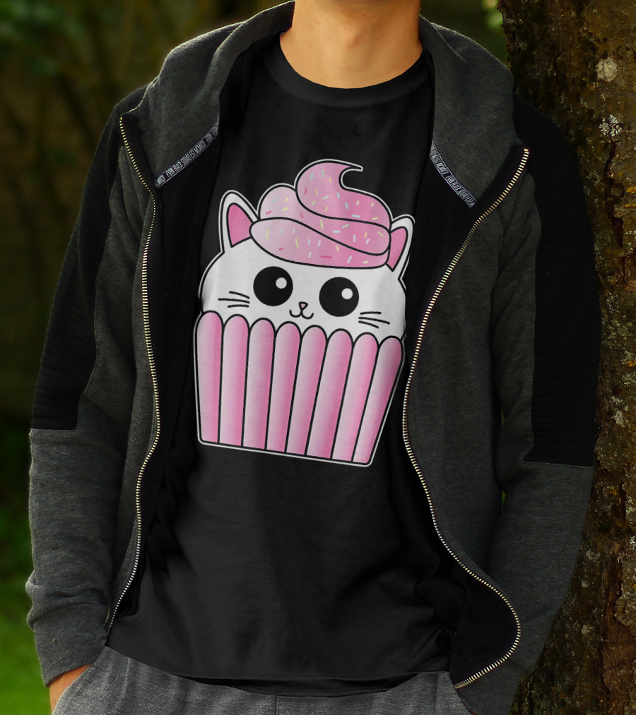 Kawaii Cat Cupcake Muffin In Pink Sweet Delight T-Shirt