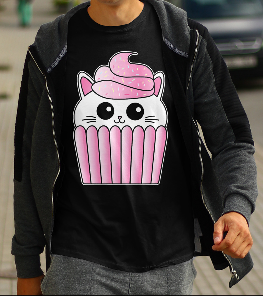 Kawaii Cat Cupcake Muffin In Pink Sweet Delight T-Shirt