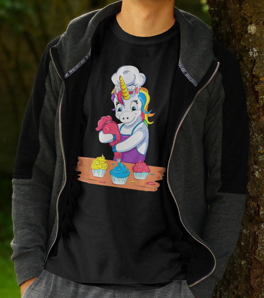 Unicorn Baking Colorful Cupcake Creations Chef T-Shirt