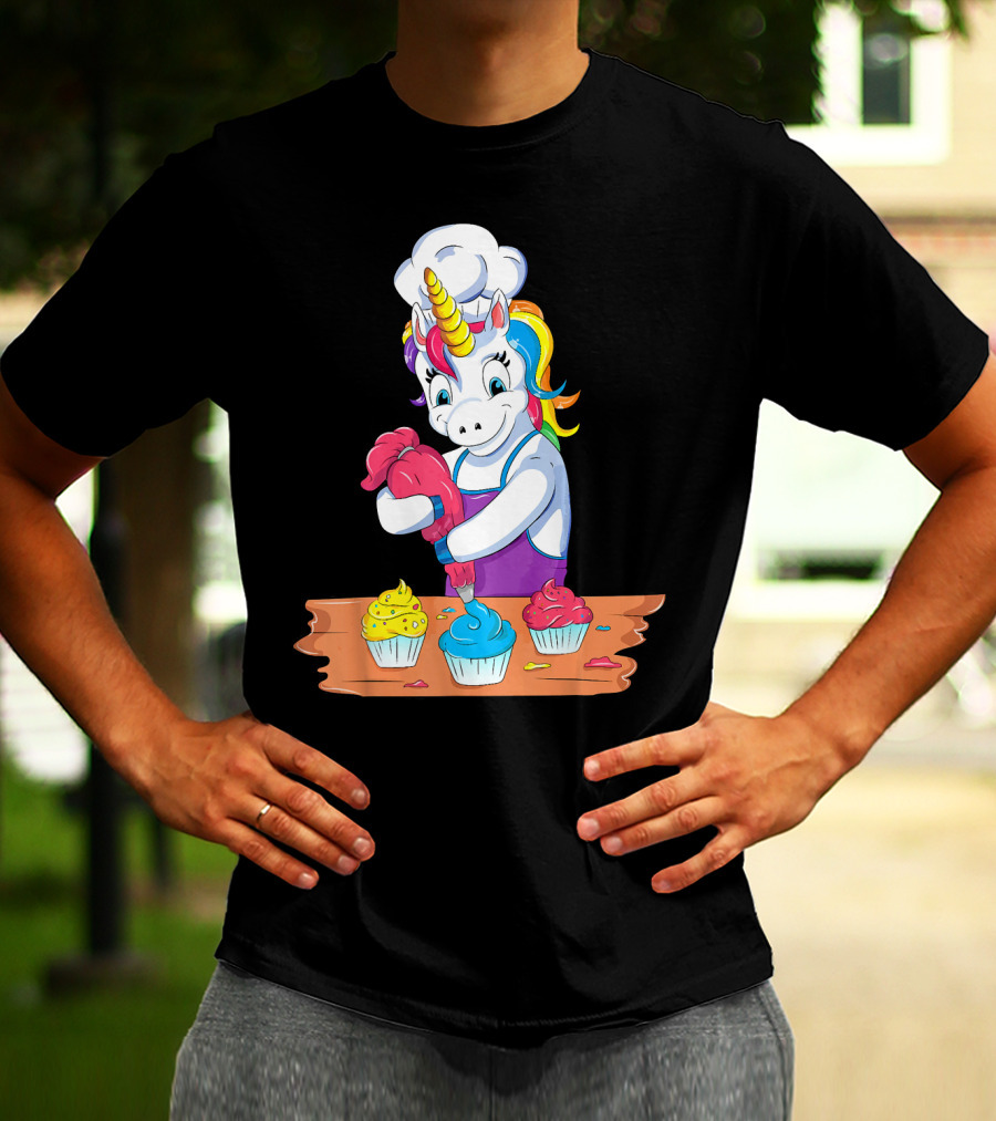 Unicorn Baking Colorful Cupcake Creations Chef T-Shirt