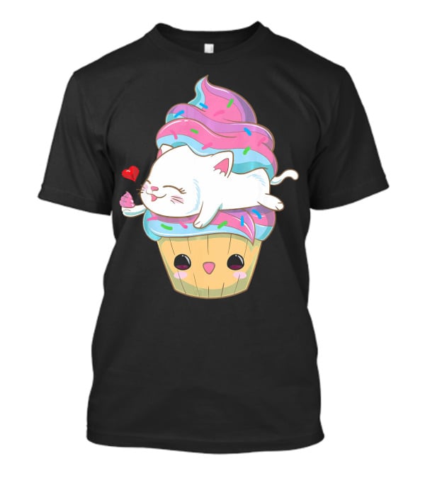 Cute Kawaii Cat On Pastel Sprinkles Cupcake With Heart Balloon T-Shirt