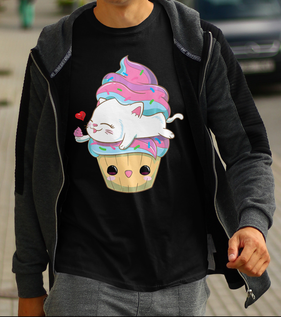 Cute Kawaii Cat On Pastel Sprinkles Cupcake With Heart Balloon T-Shirt