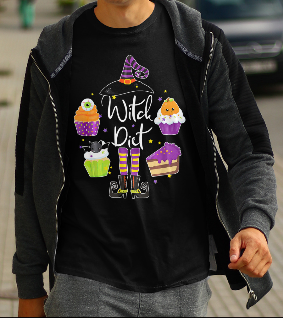 Witch Diet Funny Halloween Pumpkin Cupcake Treats With Witch Hat And Boots T-Shirt