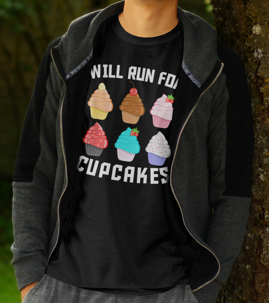 Will Run For Cupcakes Funny Runner Cupcake Desserts With Cherry And Strawberries T-Shirt
