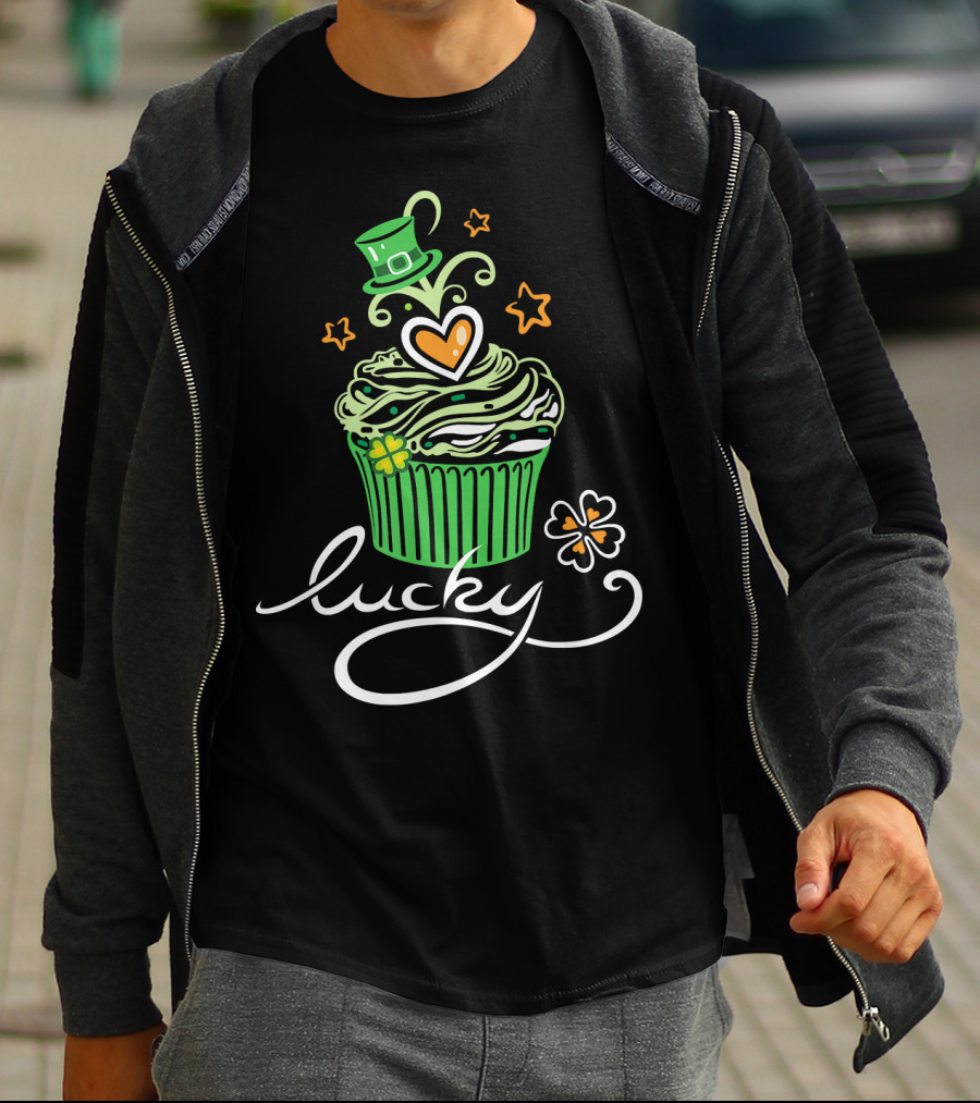 Lucky Green Cupcake With St Patrick's Day Hat And Shamrock T-Shirt