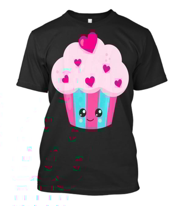 Kawaii Pink Hearts Cupcake With Cute Happy Face T-Shirt
