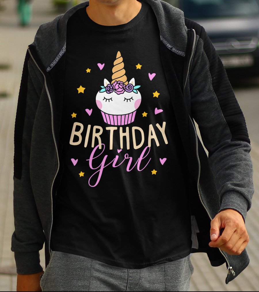 Birthday Girl Unicorn Cupcake Stars Hearts Cute Funny T-Shirt