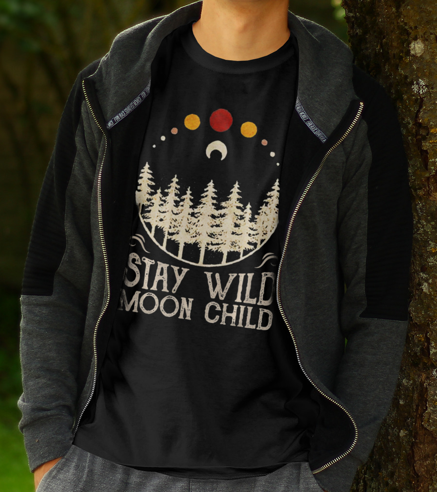 Stay Wild Moon Child Lunar Eclipse Forest Trees And Celestial Phases T-Shirt