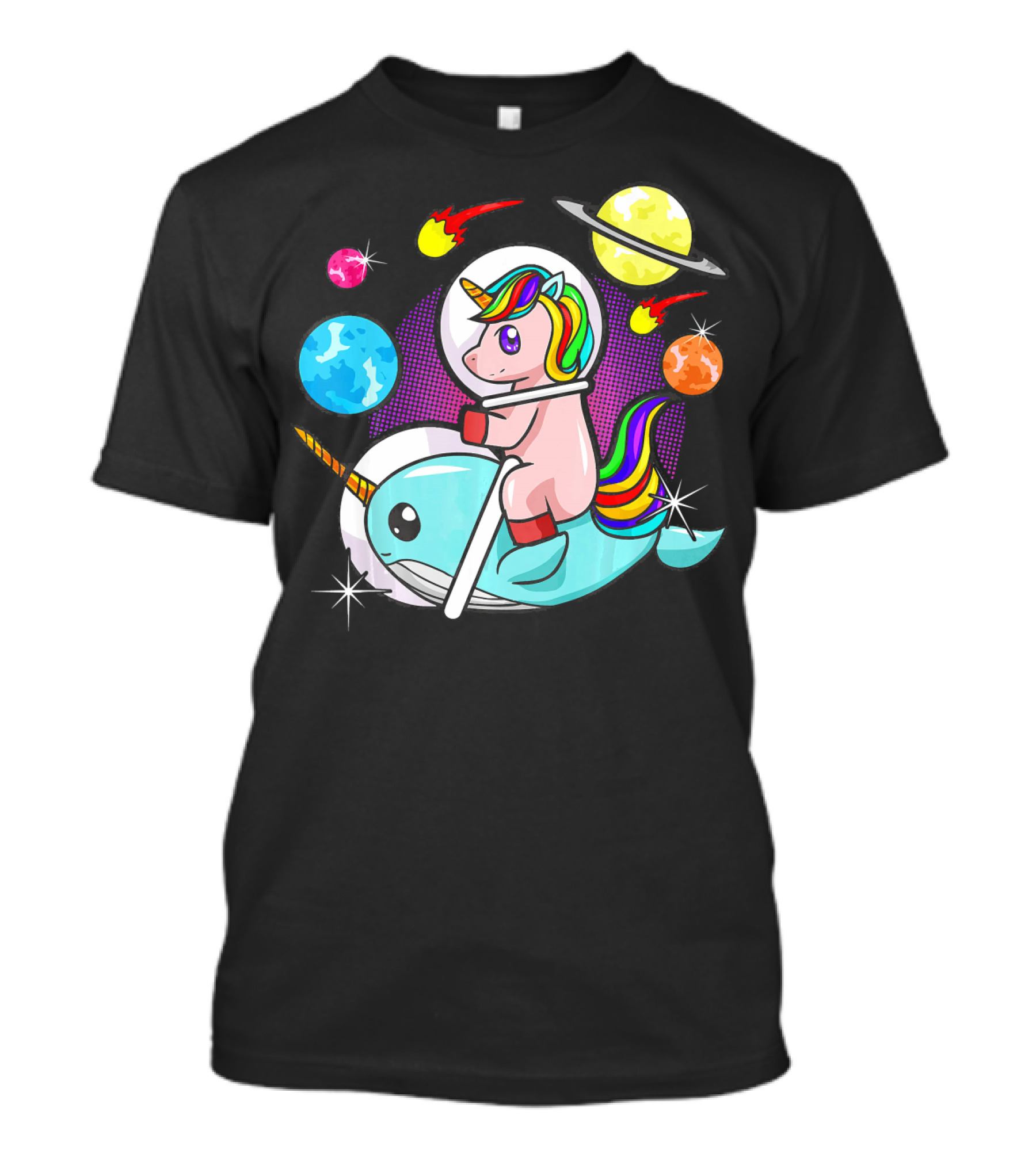 Unicorn Riding Narwhal Space Adventure With Planets And Astronaut Helmet T-Shirt