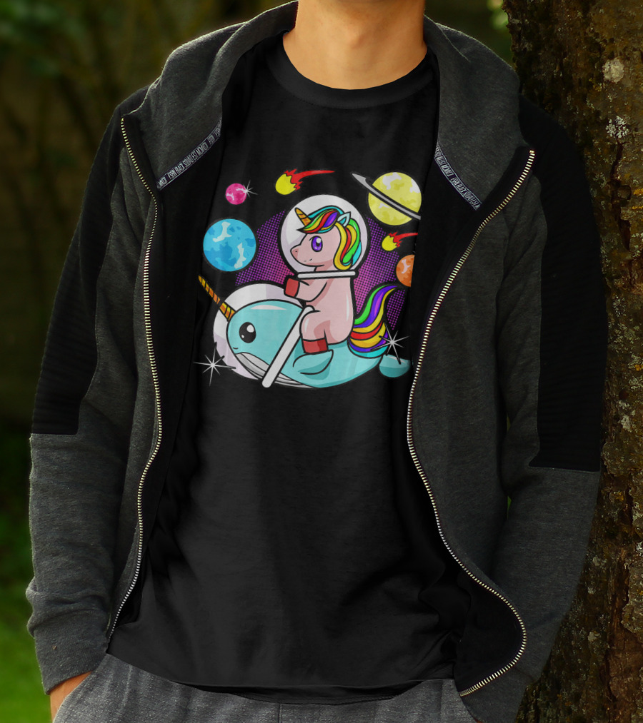 Unicorn Riding Narwhal Space Adventure With Planets And Astronaut Helmet T-Shirt