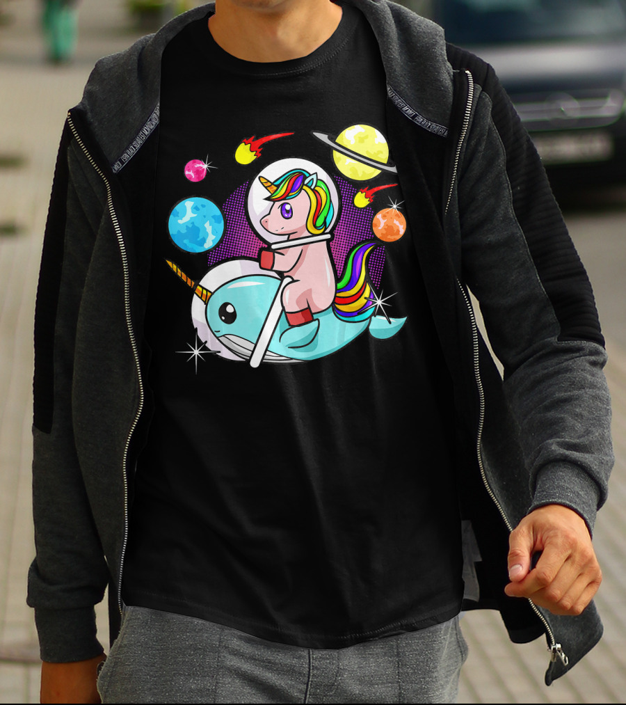 Unicorn Riding Narwhal Space Adventure With Planets And Astronaut Helmet T-Shirt