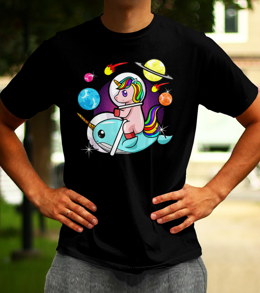 Unicorn Riding Narwhal Space Adventure With Planets And Astronaut Helmet T-Shirt