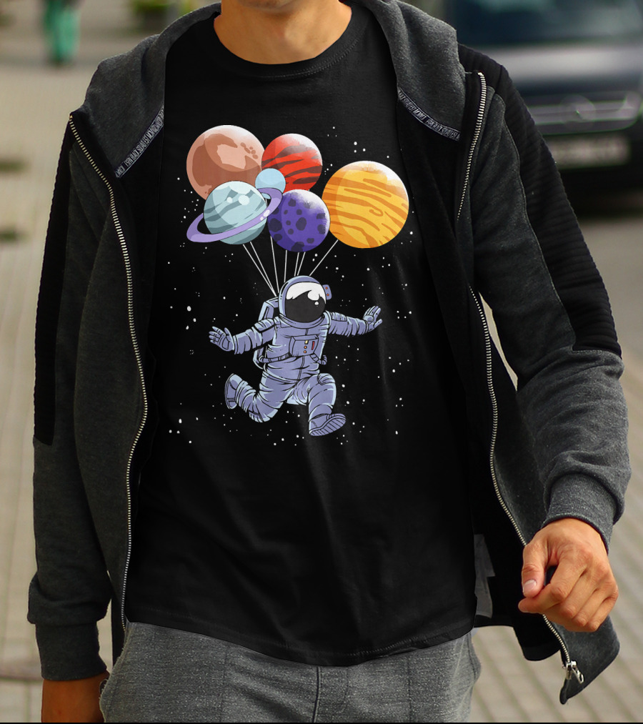 Astronaut Floating With Planet Balloons In Space Boys T-Shirt
