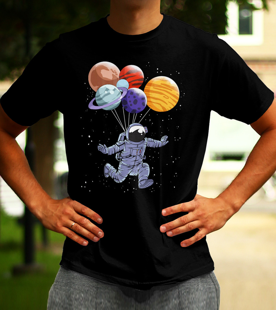 Astronaut Floating With Planet Balloons In Space Boys T-Shirt
