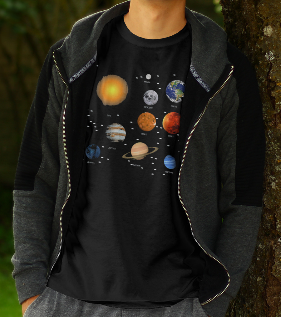Sun Moon Mercury Venus Earth Mars Jupiter Saturn Uranus Neptune Our Solar System Science Education T-Shirt