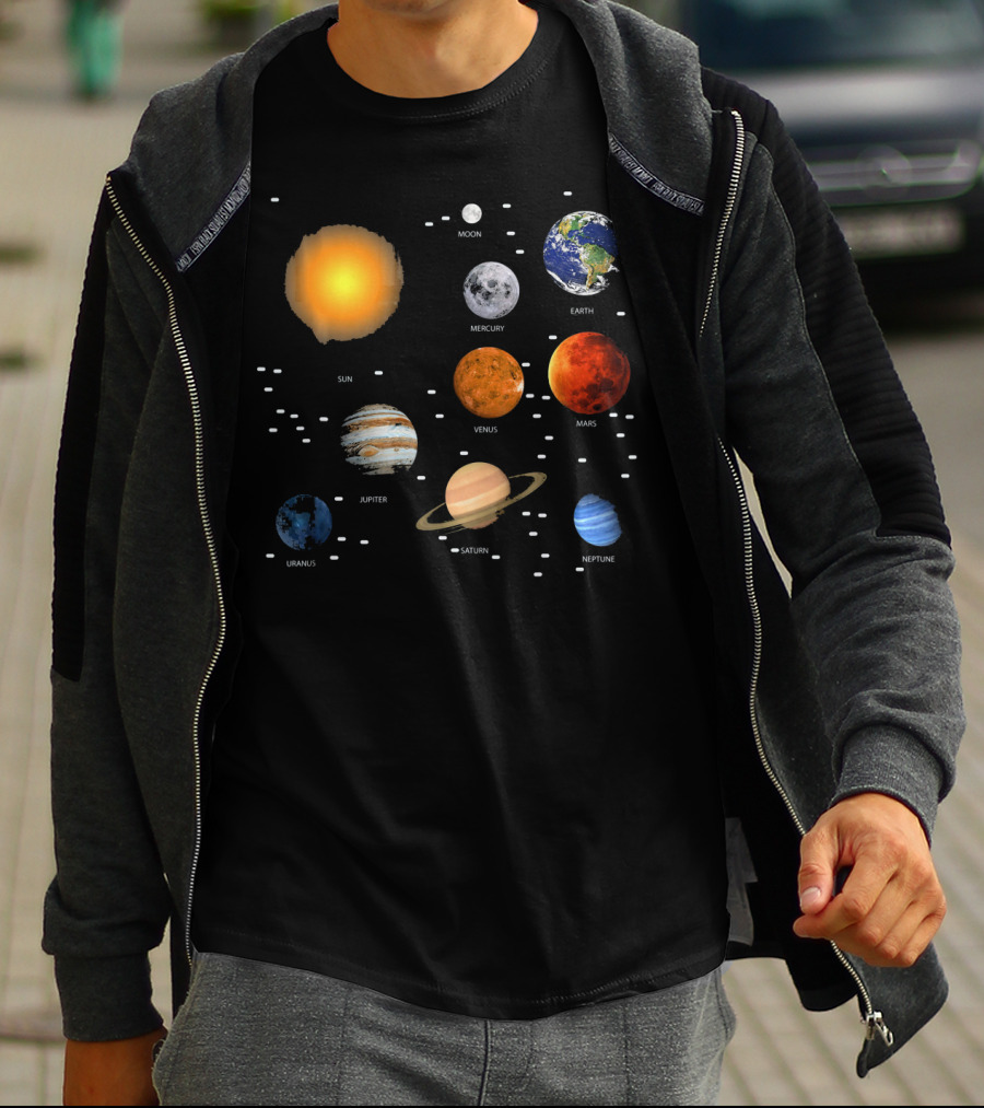Sun Moon Mercury Venus Earth Mars Jupiter Saturn Uranus Neptune Our Solar System Science Education T-Shirt