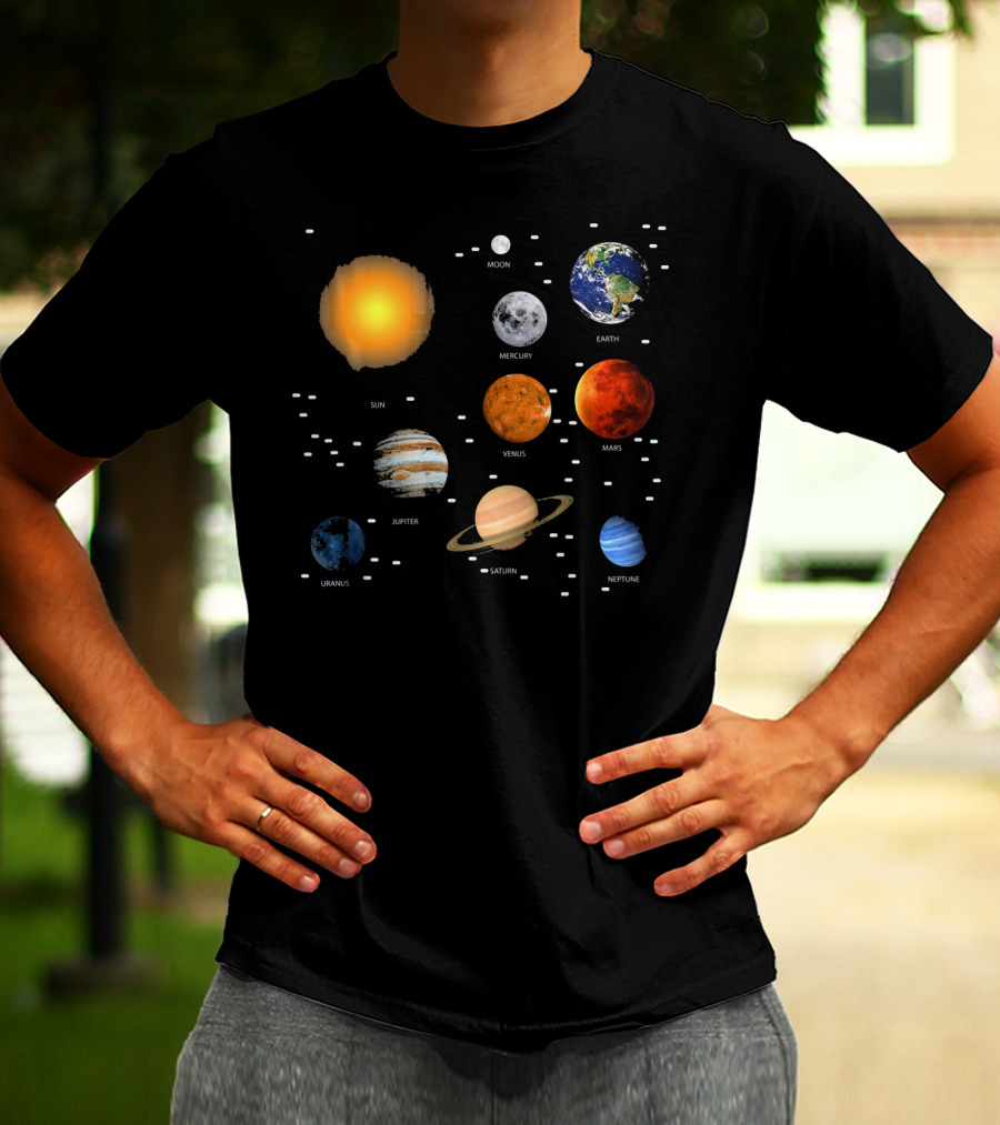 Sun Moon Mercury Venus Earth Mars Jupiter Saturn Uranus Neptune Our Solar System Science Education T-Shirt