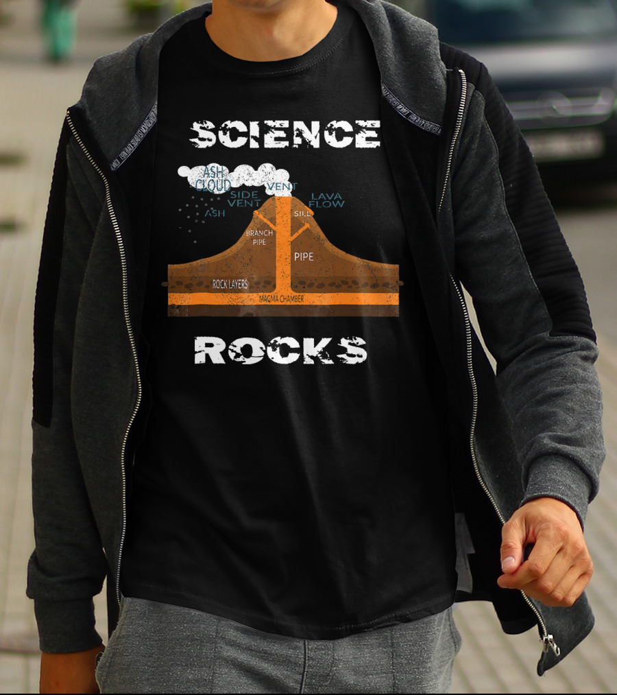 Science Rocks Distressed Volcano Diagram With Ash Cloud And Magma Chamber T-Shirt