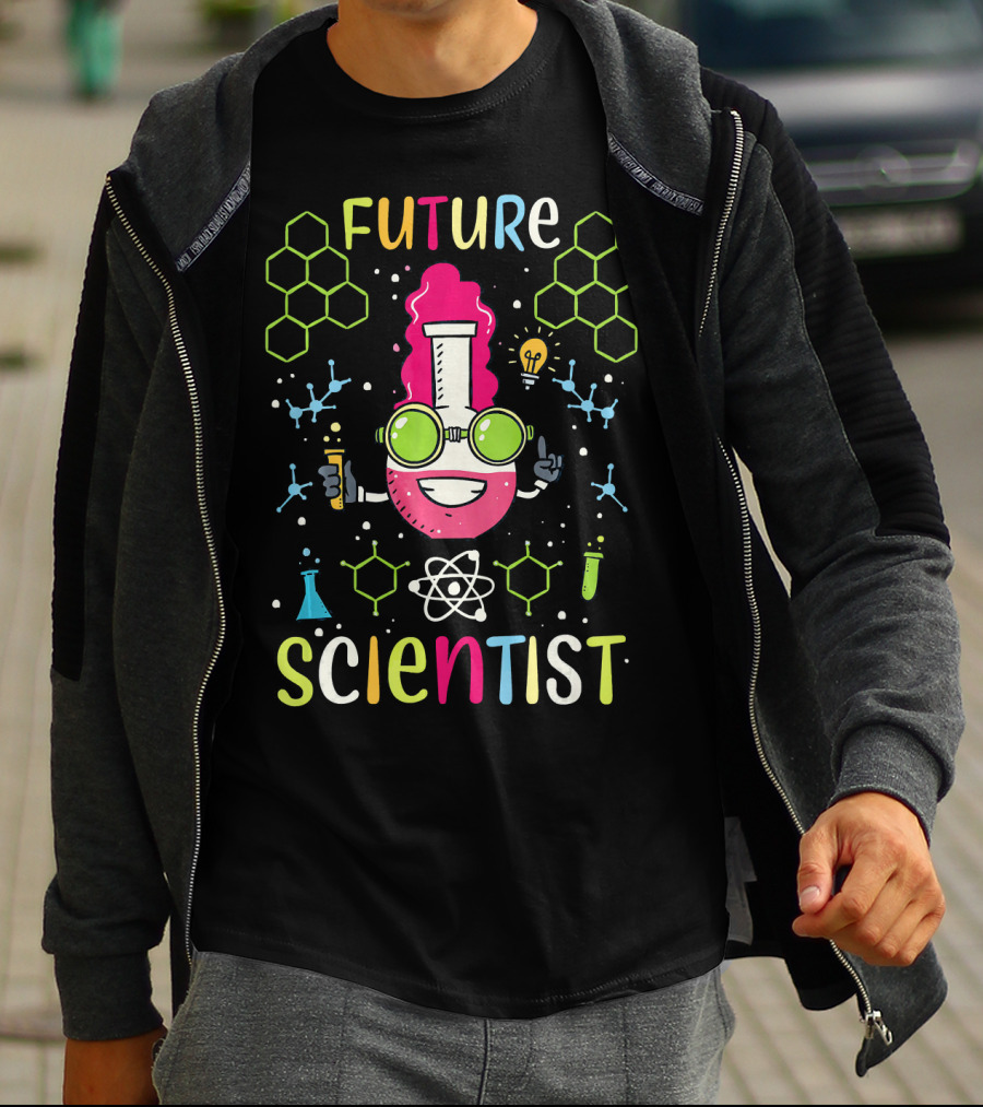 Future Scientist Junior Kids Science Beaker Atom Molecule Hexagon Lab Lightbulb T-Shirt