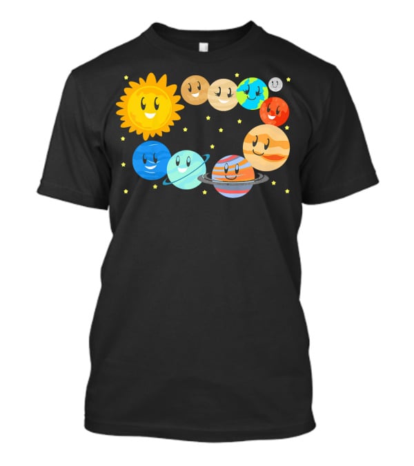 Kids Solar System Science Planets Learning Smiling Sun And Stars T-Shirt