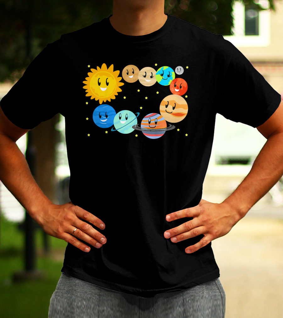 Kids Solar System Science Planets Learning Smiling Sun And Stars T-Shirt