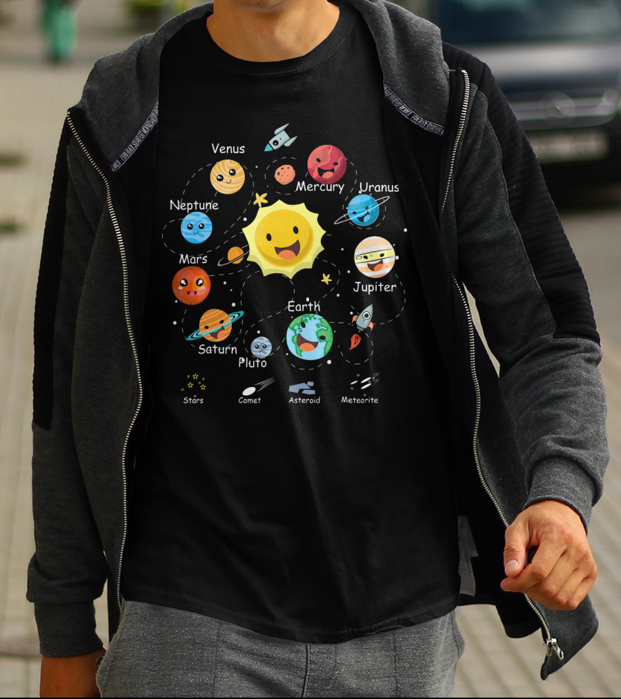 Funny Planets Solar System With Cute Sun And Space Objects T-Shirt