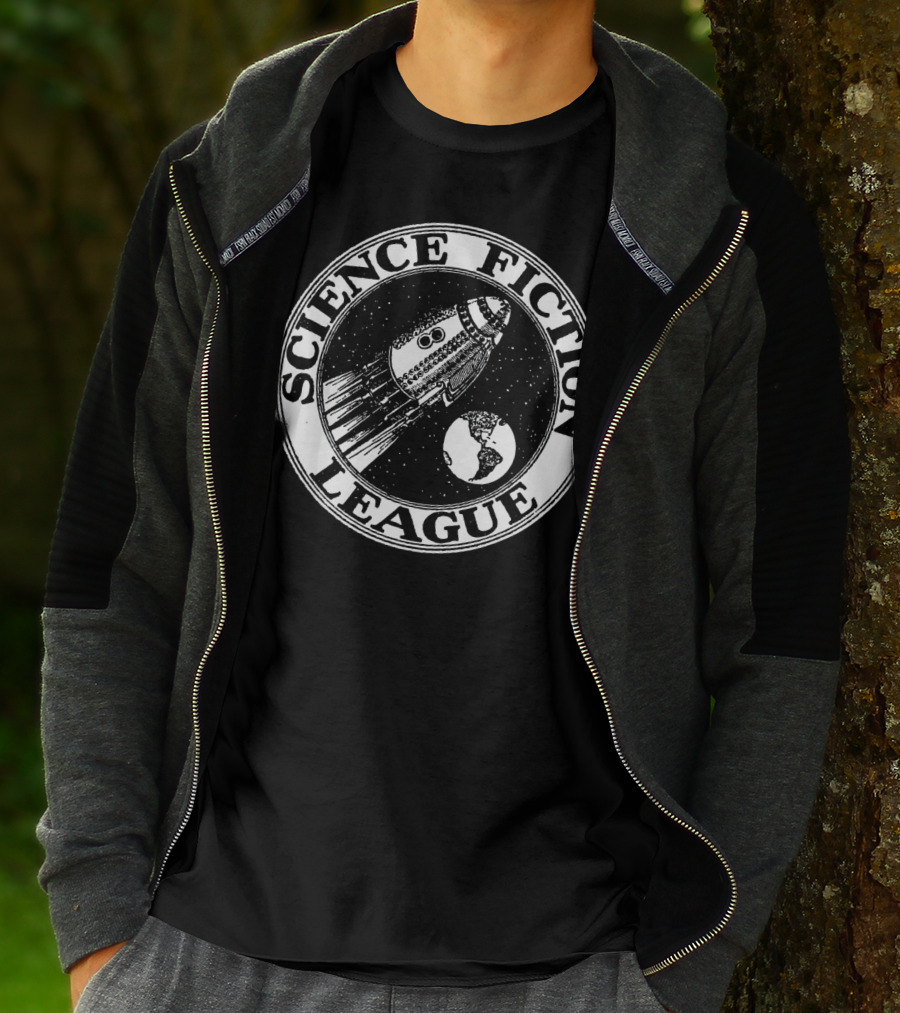 Science Fiction League 1930s Rocket And Earth Emblem T-Shirt