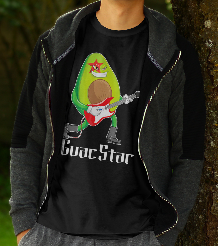 Guac Star Avocado Rock Star Playing Guitar With Red Boots T-Shirt