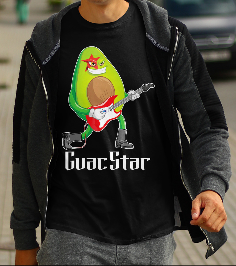 Guac Star Avocado Rock Star Playing Guitar With Red Boots T-Shirt