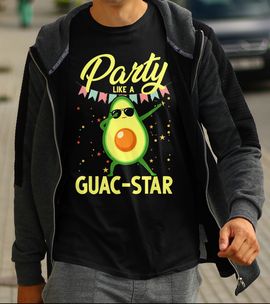 Party Like A Guac Star Avocado With Sunglasses And Colorful Festive Elements T-Shirt