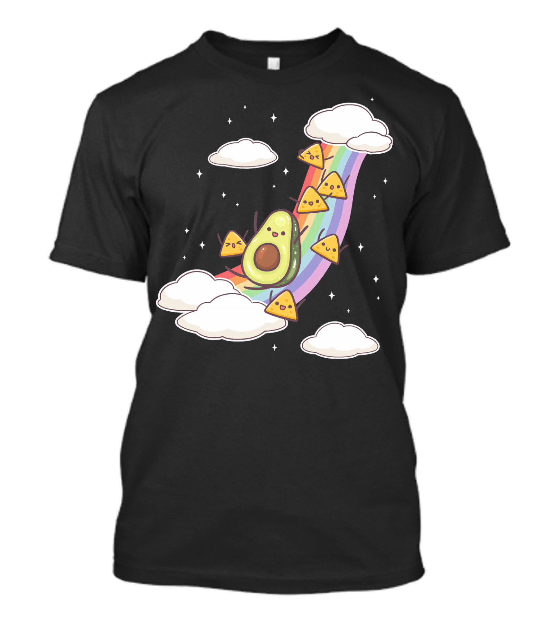Avocado Nachos Riding A Rainbow With Clouds And Stars Guacamole Fun T-Shirt