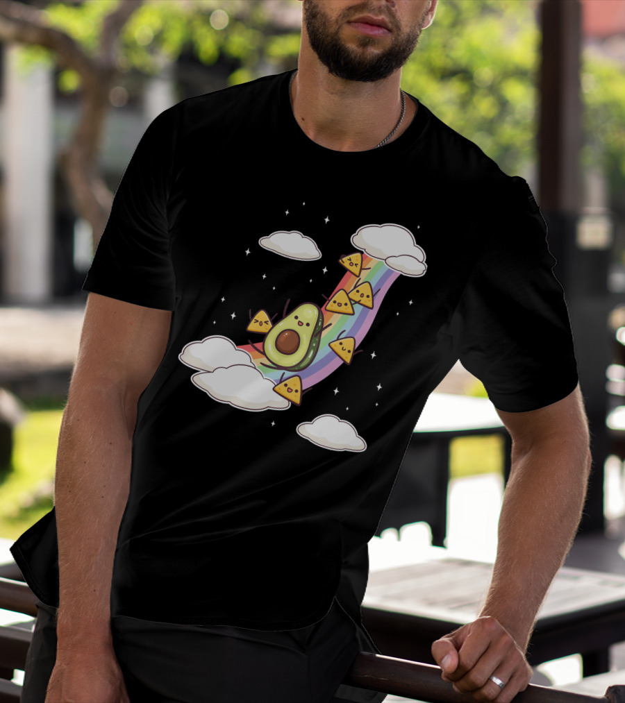 Avocado Nachos Riding A Rainbow With Clouds And Stars Guacamole Fun T-Shirt