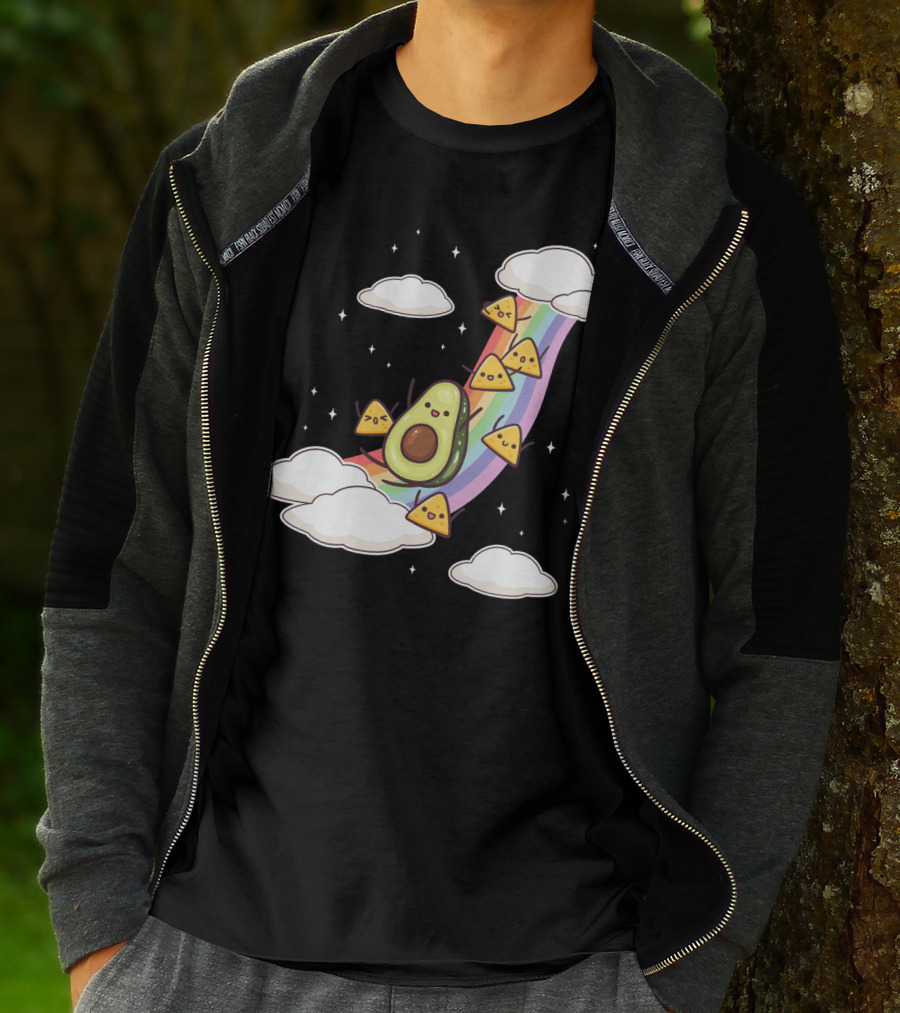 Avocado Nachos Riding A Rainbow With Clouds And Stars Guacamole Fun T-Shirt
