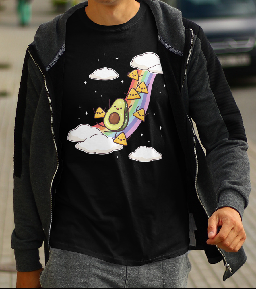 Avocado Nachos Riding A Rainbow With Clouds And Stars Guacamole Fun T-Shirt