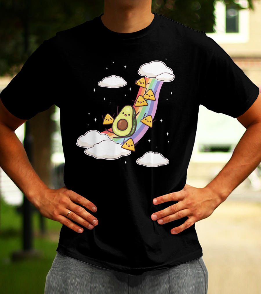 Avocado Nachos Riding A Rainbow With Clouds And Stars Guacamole Fun T-Shirt