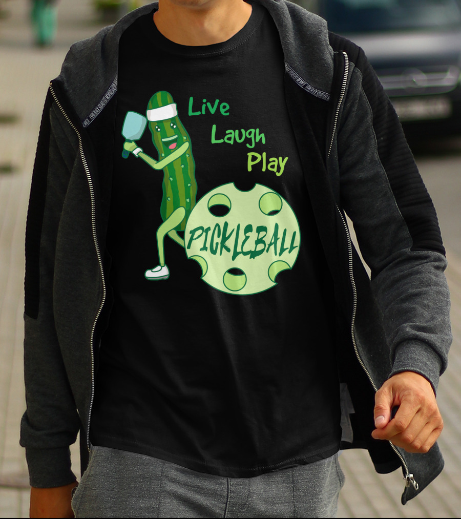 Live Laugh Play Pickleball Funny Sports Pickle Character Paddle T-Shirt
