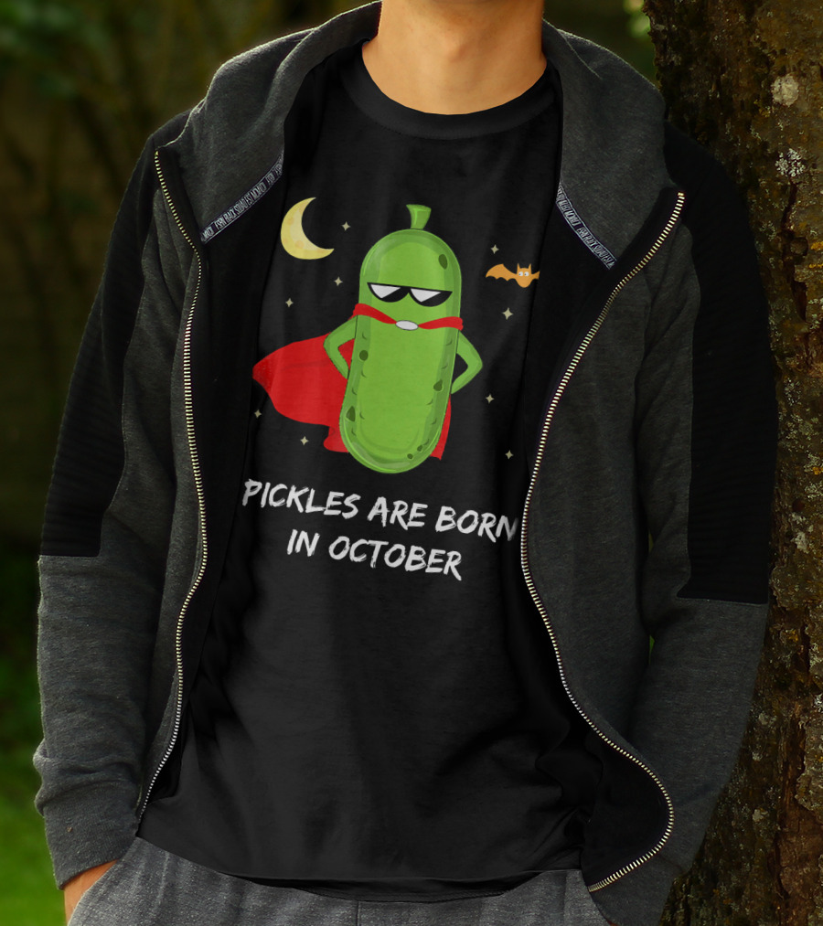 Superhero Pickles With Cape And Halloween Moon Born In October T-Shirt