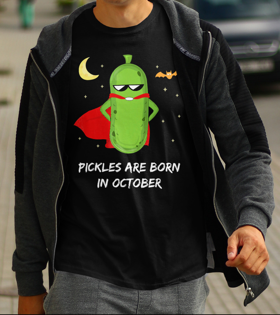 Superhero Pickles With Cape And Halloween Moon Born In October T-Shirt