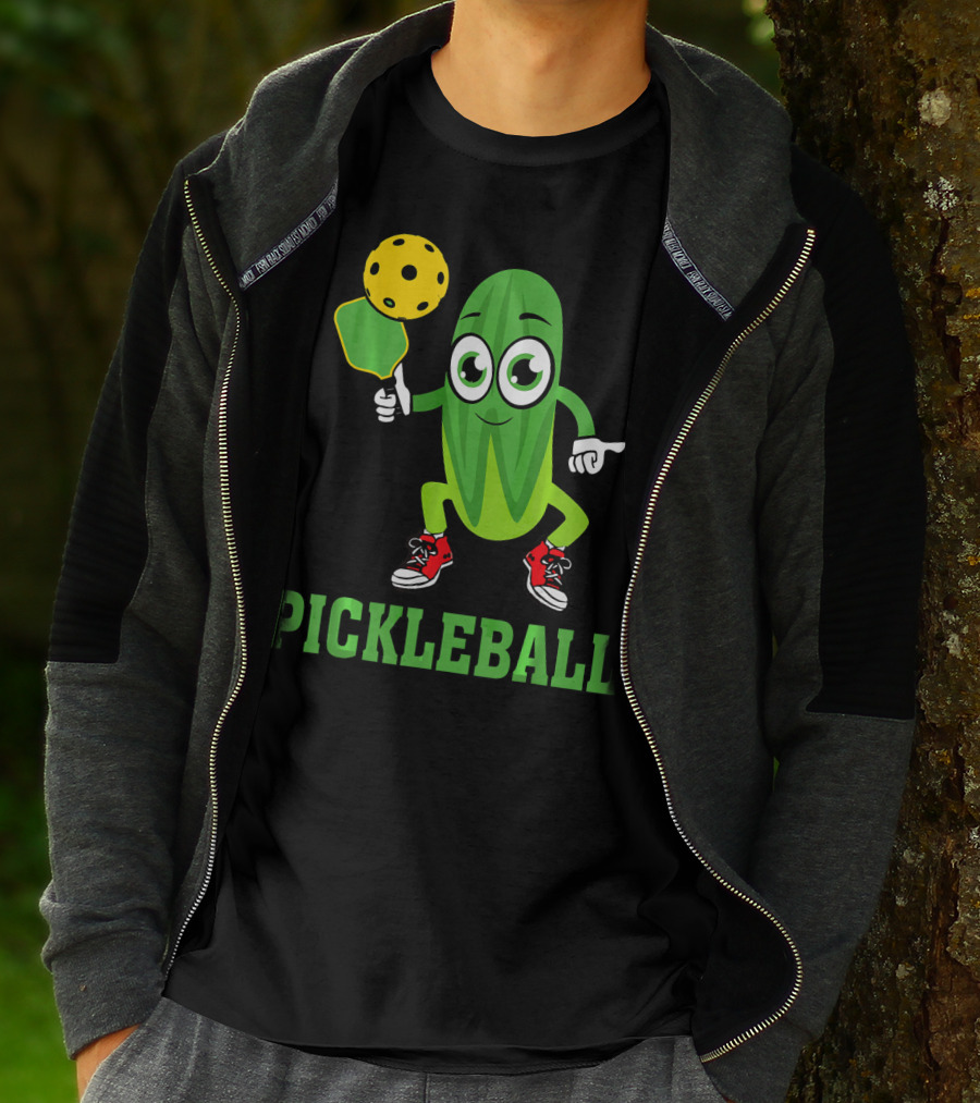 Pickle Character Playing Pickleball With Paddle And Ball T-Shirt