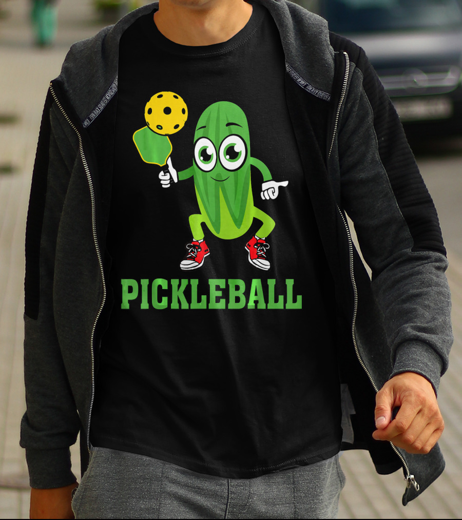 Pickle Character Playing Pickleball With Paddle And Ball T-Shirt