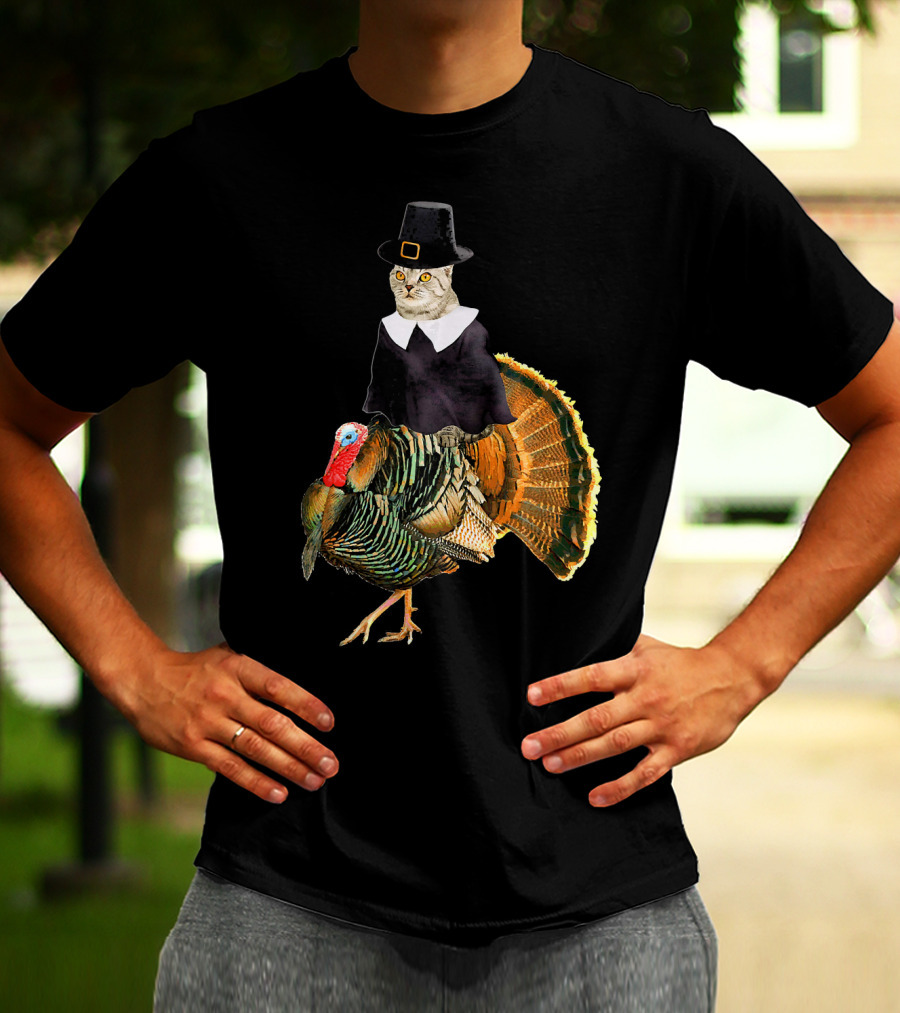 Cat In Pilgrim Outfit On Thanksgiving Turkey T-Shirt