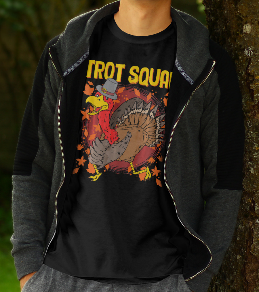 Trot Squad Thanksgiving Turkey With Pilgrim Hat And Autumn Leaves T-Shirt